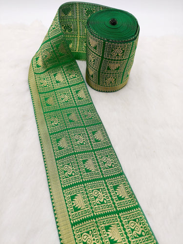 Jacquard Saree Border, Green And Gold Woven Thread Work Trim, Jacquard Trimming Decorative Trim